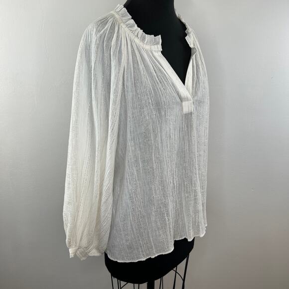 JOIE Elza White Metallic Gold Stripe Cotton Blouse V-Neck Ruffles Sheer Top S SM - Picture 4 of 9